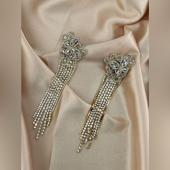 Gold Crystal Rhinestone Fringe Dangle Earrings – Elegant Statement Piece - Picture 7 of 9